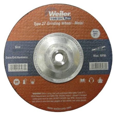 Weiler 4-1/2 in Dia, 1/4 in Thick, 5/8 in Arbor Hole Size, 24 Grit 804-56454